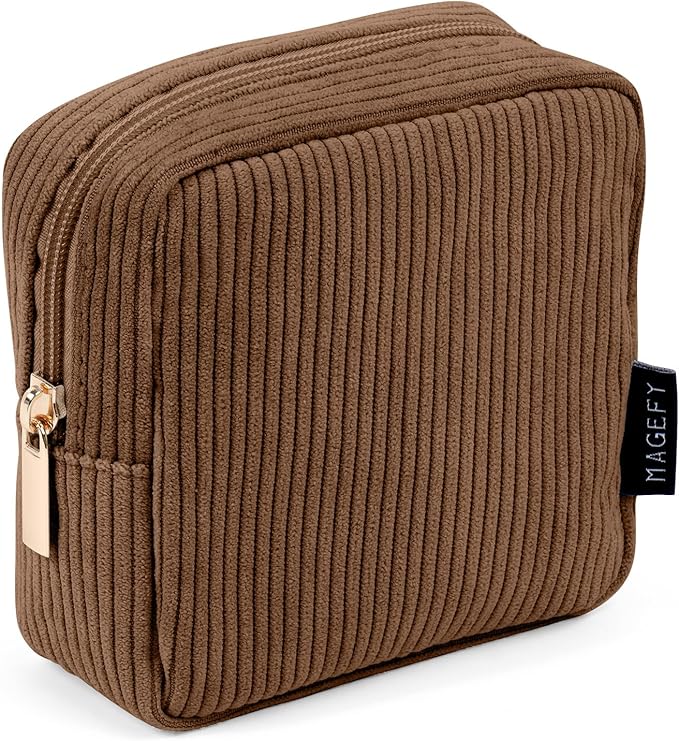 MAGEFY Small Makeup Bag for Purse Mini Cosmetics Bag Corduroy Cute Cosmetic Pouch for Women with Slip-in Pockets (Brown)