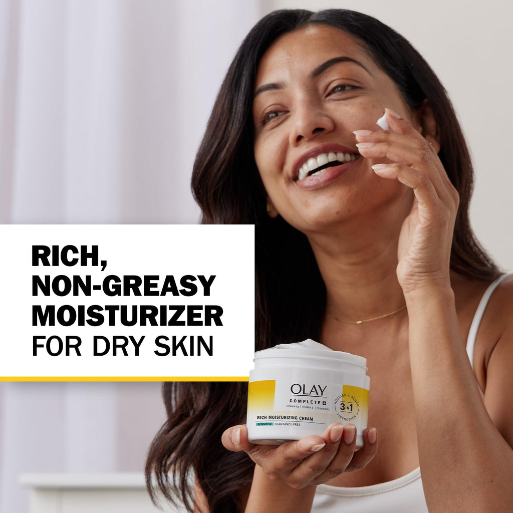 Olay Face Moisturizer, Complete+ Rich Moisturizing Cream - Fragrance-Free, Gentle for Dry & Sensitive Skin, 3-in-1 Hydrating to Strengthen, Nourish, Renew - Niacinamide, Vitamin E, & Ceramides, 8.5 oz