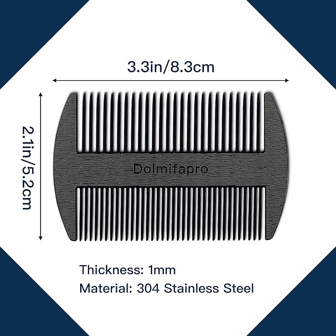 Dolmifapro 304 Stainless Steel Pocket Beard Comb for Men, Anti-Static Dual Fine Coarse Teeth Ultra-Thin Mustache Hair Grooming Comb with PU Leather Case (black)