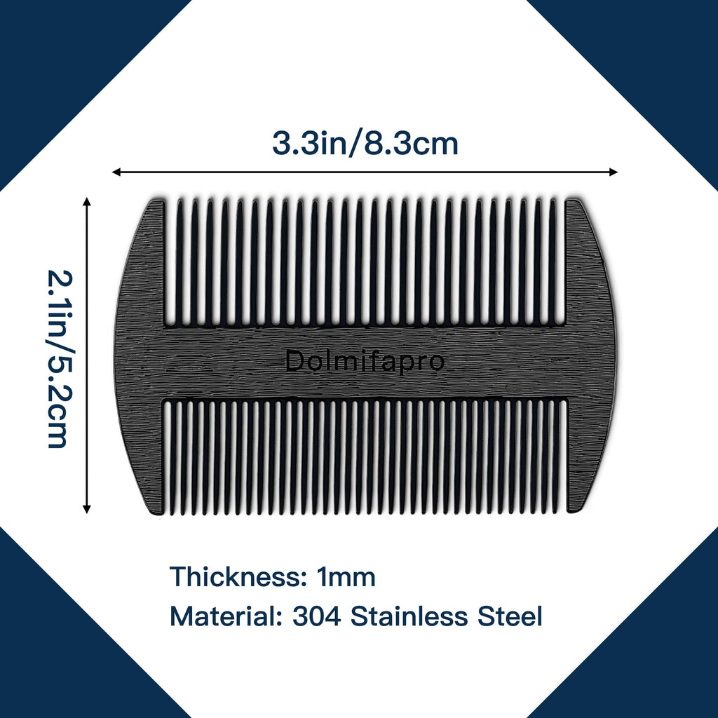 Dolmifapro 304 Stainless Steel Pocket Beard Comb for Men, Anti-Static Dual Fine Coarse Teeth Ultra-Thin Mustache Hair Grooming Comb with PU Leather Case (black)