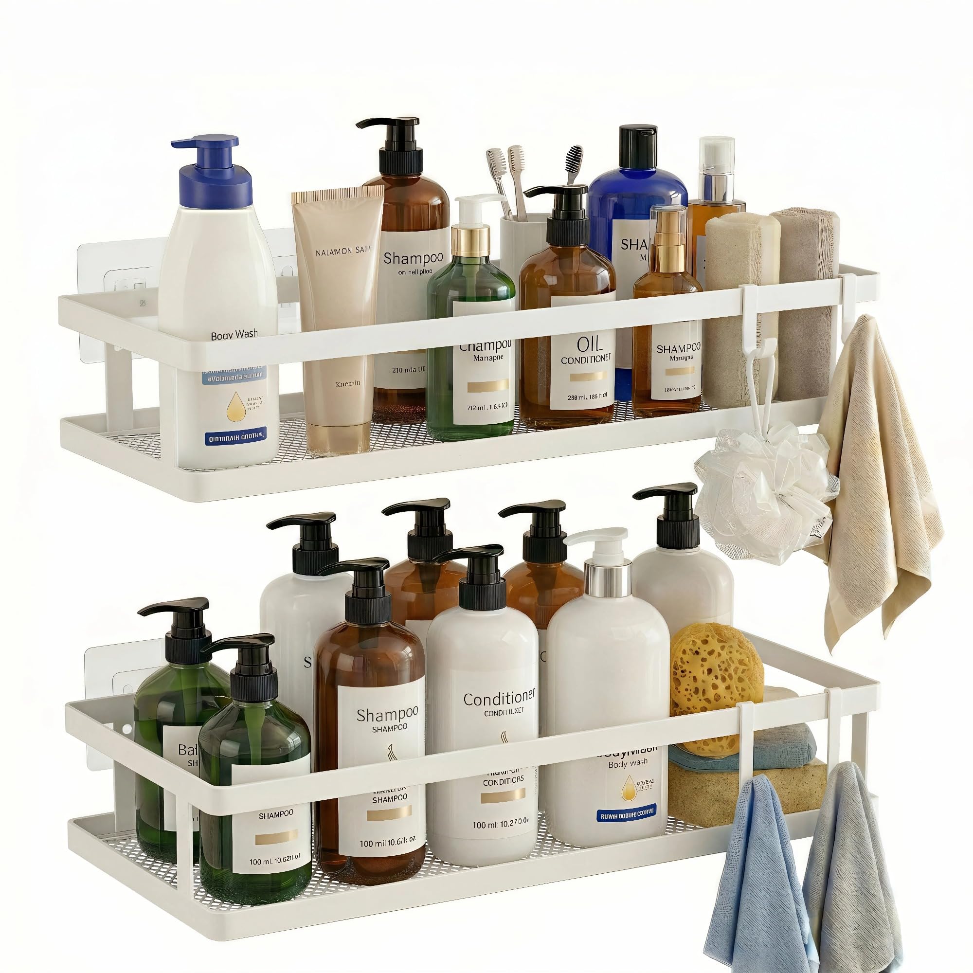 PUSDON 2-Pack Minimalist Shower Caddy Wall Mount, Open Frame Bathroom Shelf Organizer with Mesh Base, Rustproof Floating Spice Rack for Kitchen, Holds 50 LBS, 4 Hooks - White, Guardrail