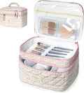 Gosect Makeup Bag, Portable Travel Make up Bag, Large Capacity Quilted Cosmetic Organizer Bag, Cute Floral Toiletry Bag for Women Girls (Pink Flower)