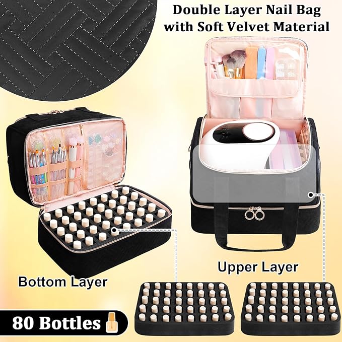 Veirdro Nail Polish Organizer Bag Holds 80 Bottles (15ml/0.5fl.oz)& Nail Lamp, Soft Nylon Nail Kit Storage Carrying Case with Shoulder Strap, Double Layer Nail Supplies Organizer Handbag Women Black