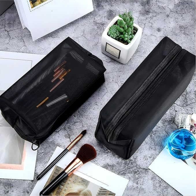 Boao 6 Pieces Mesh Makeup Bags Mesh Cosmetic Bag Portable Travel Organizing Zipper Pouch Toiletries Makeup Pouches for Home Office Travel Accessories(Black)