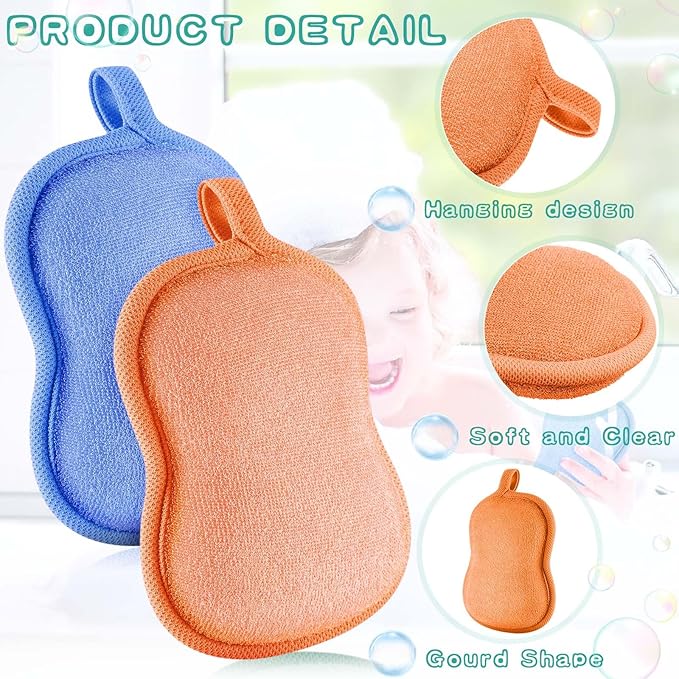 Tatuo 4 Pieces Baby Bath Sponge Toddler Bath Sponge Soft Comfy Cotton Absorbent Loofah for Kids Babies Boy Girl(Orange,Blue)