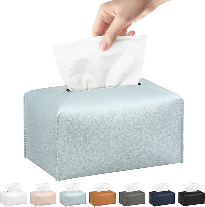 Long Tissue Box Cover, PU Leather Tissue Holder Rectangle, Facial Paper Organizer, Modern Dispenser for Bathroom, Kitchen, Home, Office, Tabletop (1, Sky Blue, Tall)
