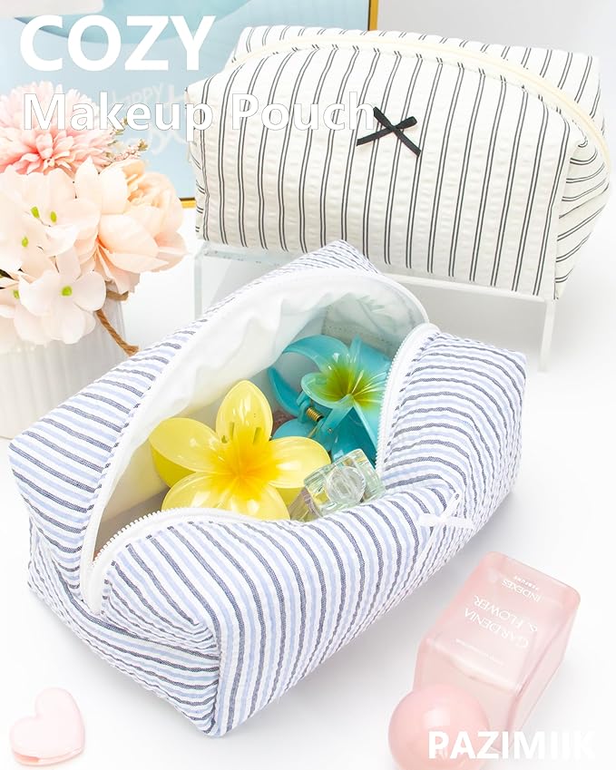 PAZIMIIK Cozy Makeup Bag for Women,Zipper Cosmetic Pouch,Stripe Blue Mix