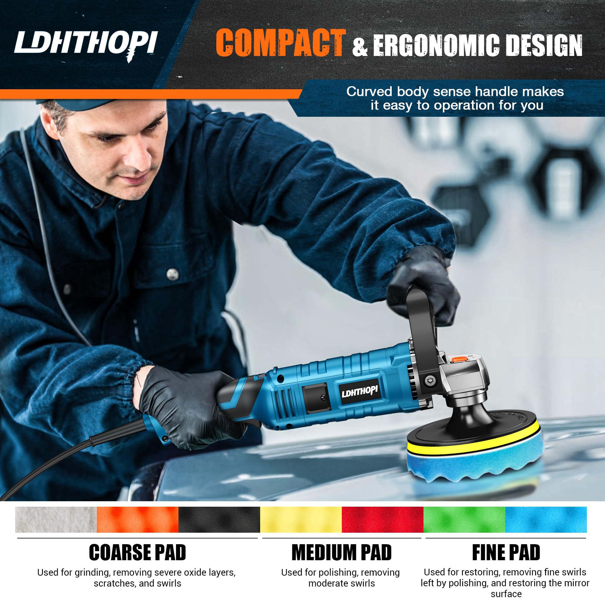 LDHTHOPI Buffer Polisher, 1600W 7 Inch/6 Inch Rotary Buffer Polisher Waxer, 7 Variable Speed 1000-3500 RPM, Detachable Handle for Car, Boat Sanding, Polishing, Waxing, 2026 Upgraded