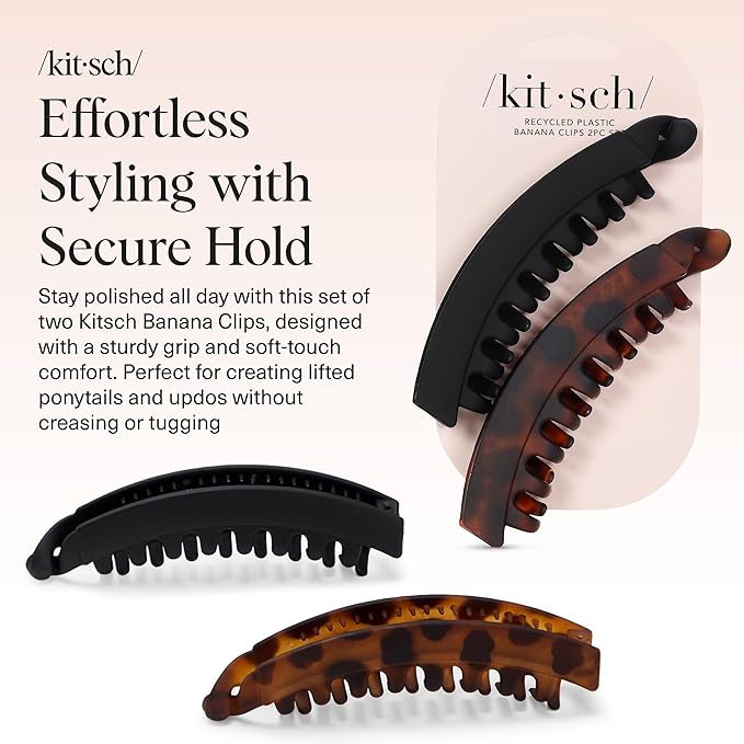 Kitsch Banana Clips For Women - Retro 80s Style Banana Hair Clips | Secure & Durable, No Crease Hair Accessories for Women | Styling, Ponytails & Updos - Black & Tort, 2pcs