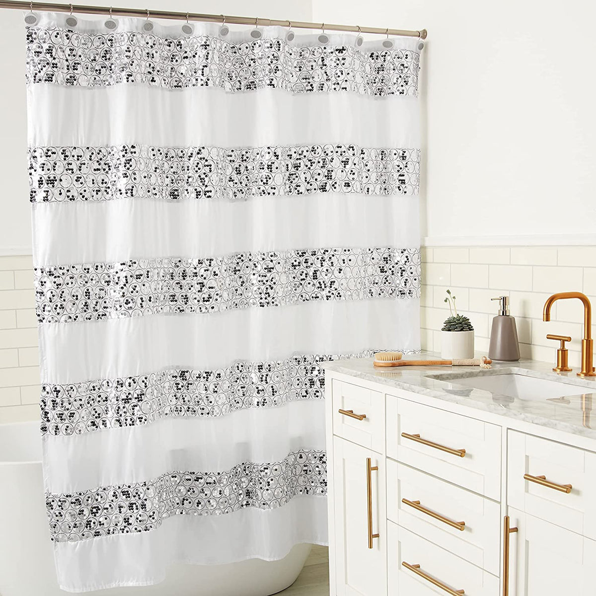 Zahari Home 13pc Rose Vine Bathroom Sheer Shower Curtain Sets Sheer Shower Curtain & 12 Shower Bathroom Hooks Modern Classic Luxury Contemporary Decor Beige Shower Curtain Set