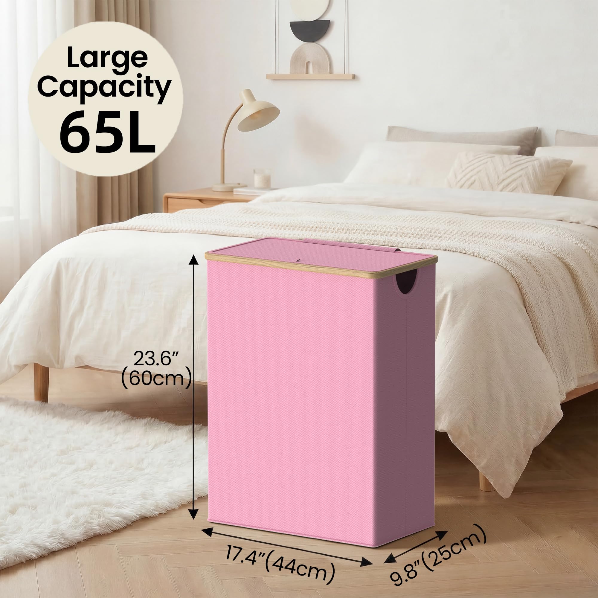 efluky Slim Laundry Basket with Lid, Narrow Laundry Hamper with Removable Bag, Skinny Dirty Clothes Basket with Bamboo Handles for Bathroom, Bedroom & Laundry Room, 65L Pink