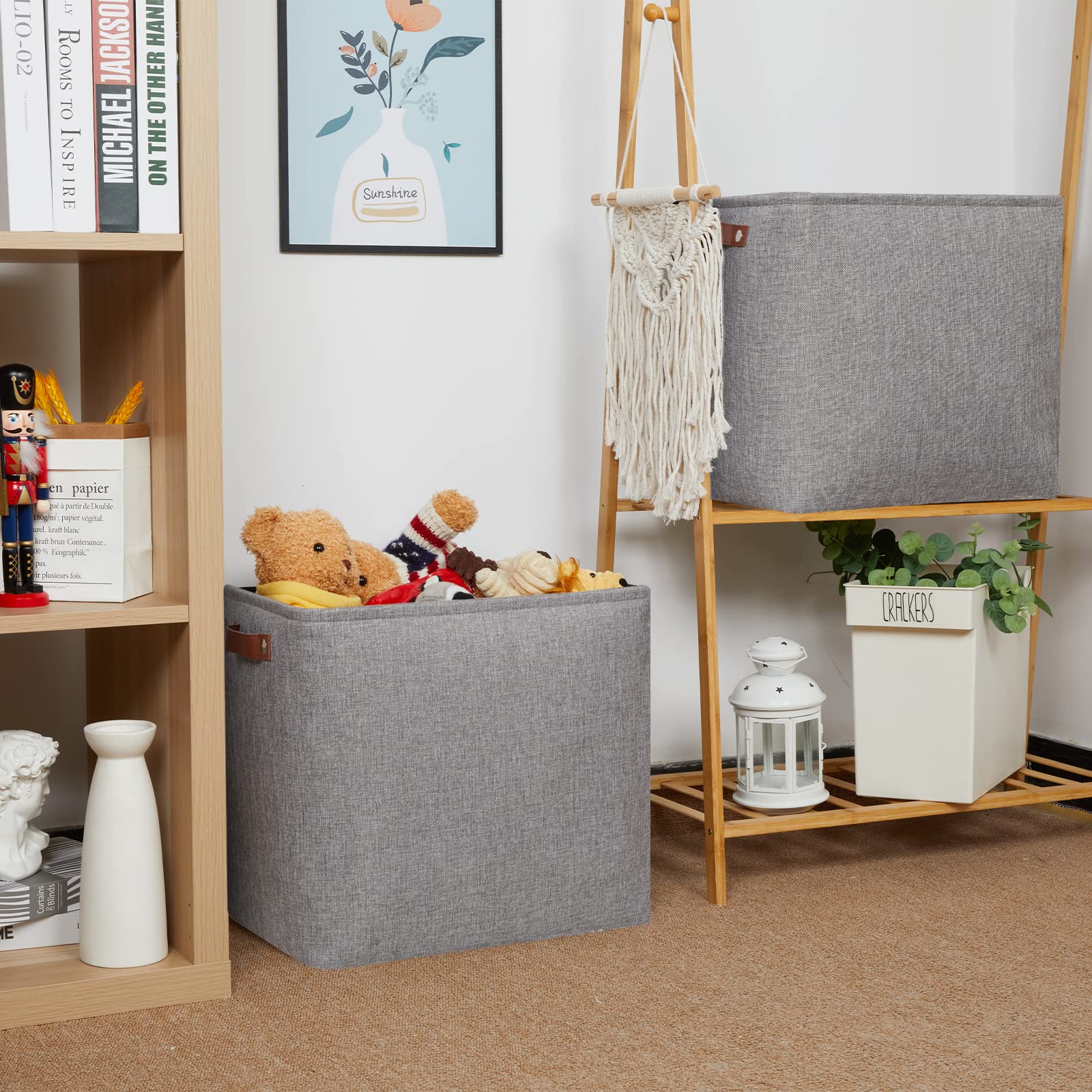 HNZIGE Tall Storage Baskets for Shelves, Rectangular Fabric Organizer with Handles, Decorative Closet Storage Bins (Grey)