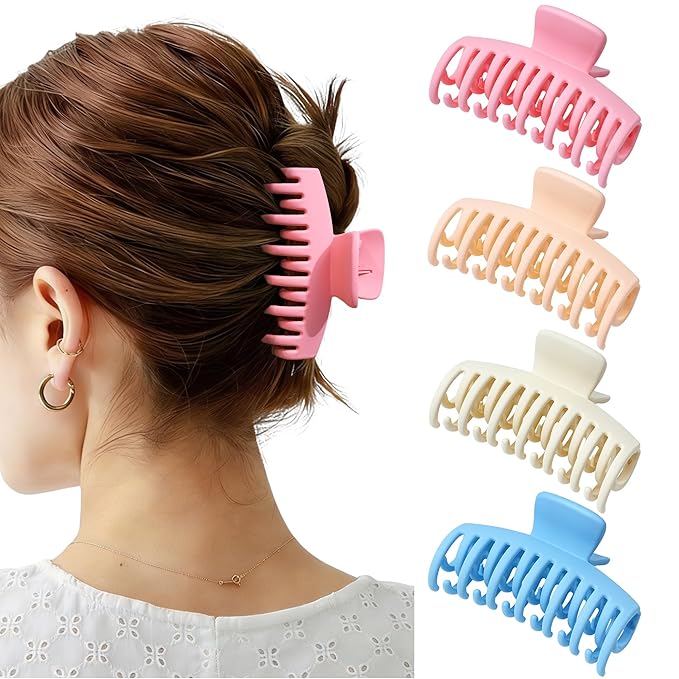 Mesovor 4 Pack Double Row Teeth Hair Claw Clips, 3.5" Large Strong Hold Matte Hair Clips for Thin and Short Fine Hair Accessories (Colorful Matte)