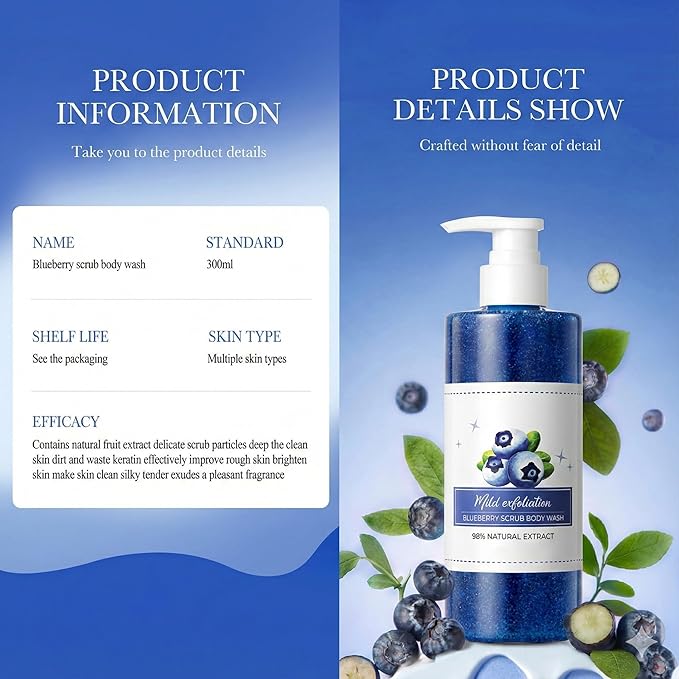 WAYFENGLI Blueberry Exfoliating Body Wash - [300ml] Antioxidant Shower Gel with Natural Seeds - Mild Body Scrub for Strawberry Legs, Dry Skin & Roughness - Sweet Berry Scent