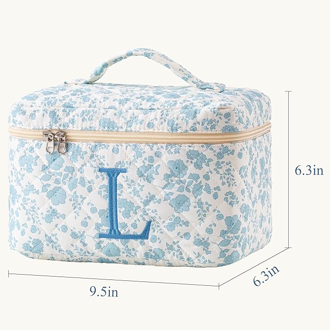 HBselect Initial Quilted Makeup Bag, Cotton Large Travel Makeup Bag, Cute Floral Coquette Make up Bag Cosmetic Bag Toiletry Bag for Women Girls L