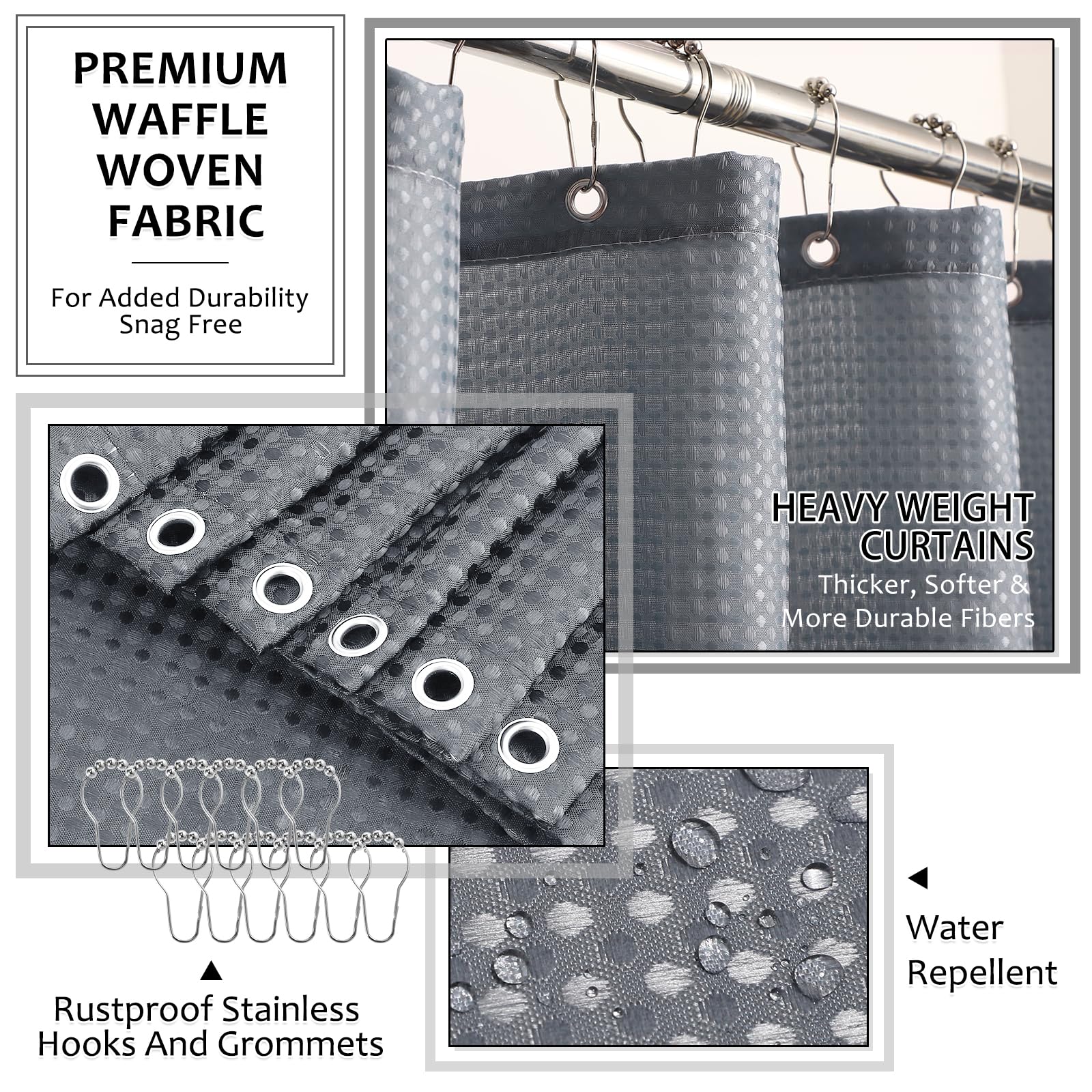 XLHOMO 8-Piece Grey Bathroom Sets with Shower Curtain and Rugs, Resin Bathroom Accessories Sets Complete with Soap Dispenser, Toothbrush Holder, Tumbler & Apothecary Jars Bathroom Essentials
