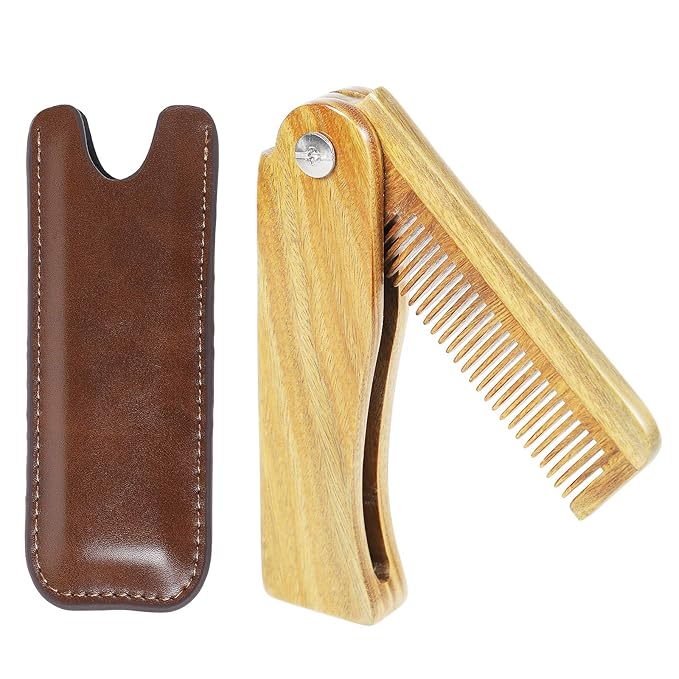 Onedor Handmade 100% Natural Green Sandalwood Fine Tooth Wooden Comb for Men Hair, Beard, and Mustache Styling Pocket Comb With Leather Case (Folding)
