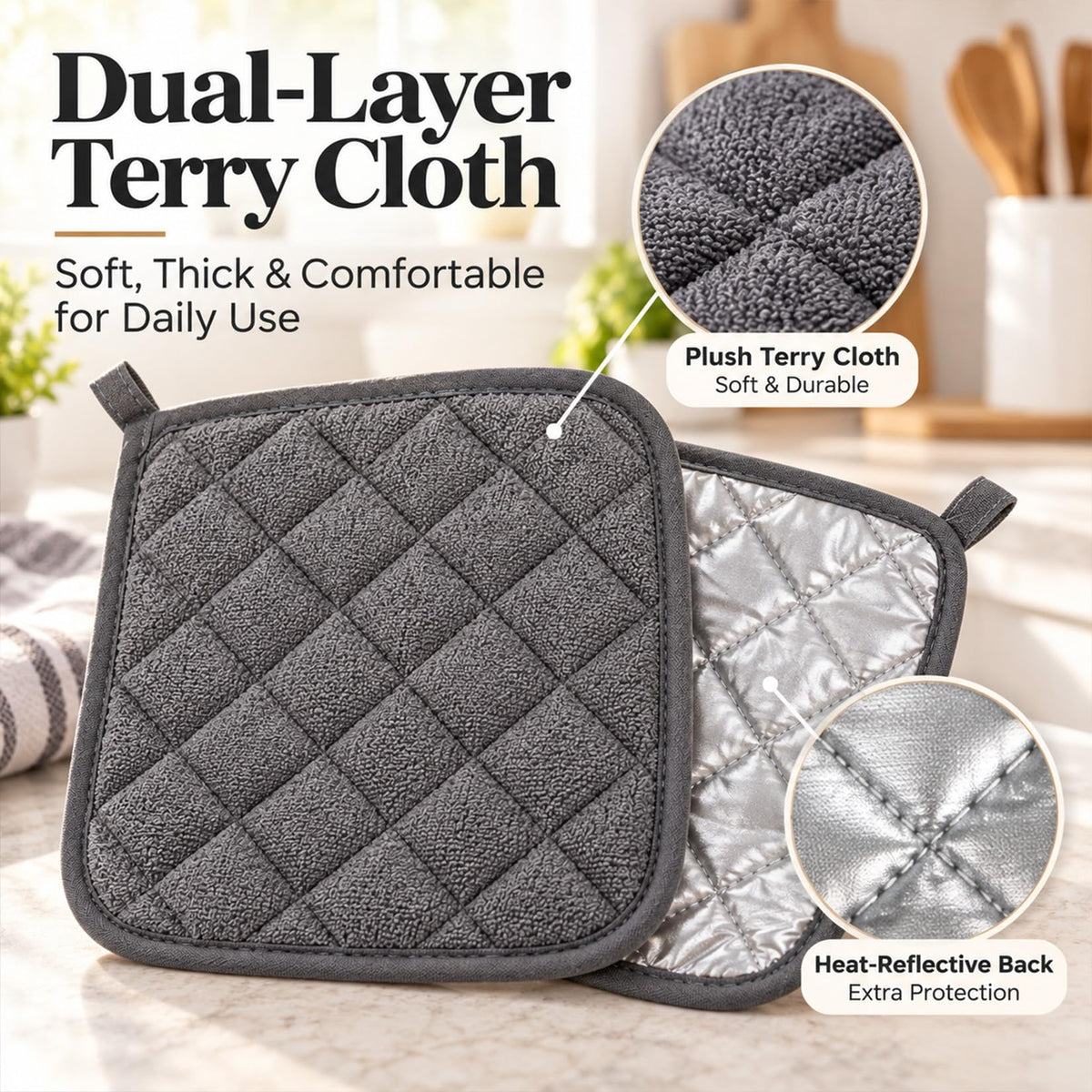 MAQIHAN 4 PCS Pot Holders for Kitchen - Cotton Hot Pads for Kitchen Gray