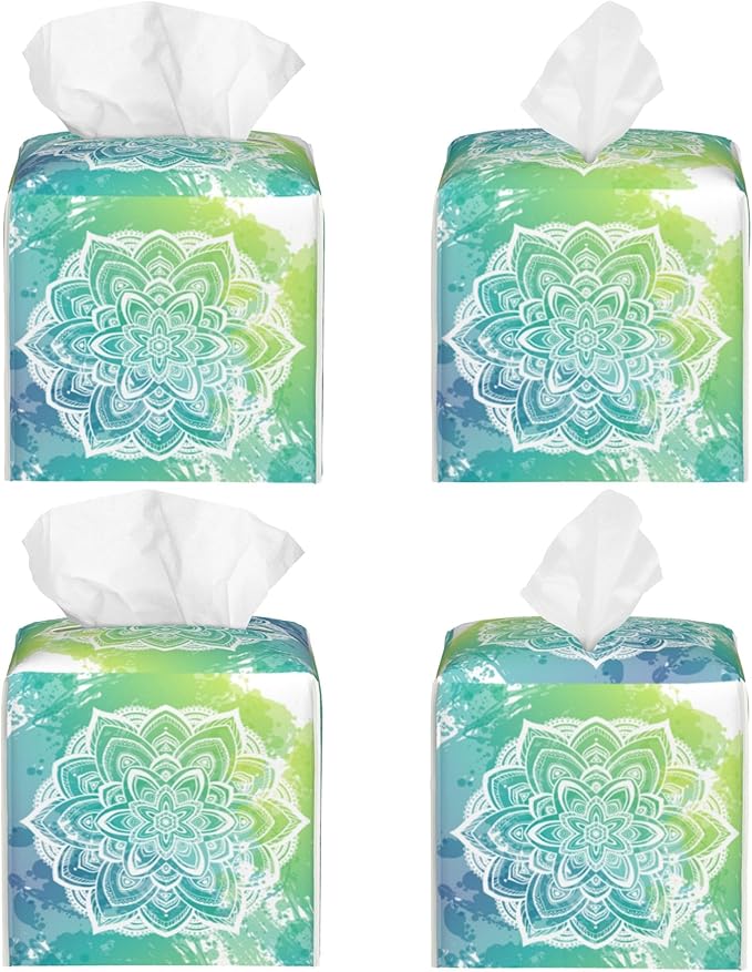 Green Boho Mandala Flower Tissue Box Cover Square, Abstract Mandala Floral Tissue Box Holder Waterproof Leather Facial Paper Organizer Dispenser for Bathroom Home Car Nightstand Vanity Desk