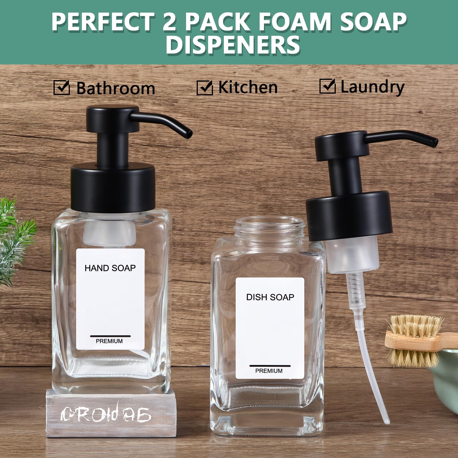 PLOUTA HOME Foaming Soap Dispenser 2 Pack, 12oz/350ml Glass Foaming Hand Soap Dispenser Set with Stainless Steel Pump, Square Refillable Foam Pump Bottles for Bathroom&Kitchen,Includes 6 Labels