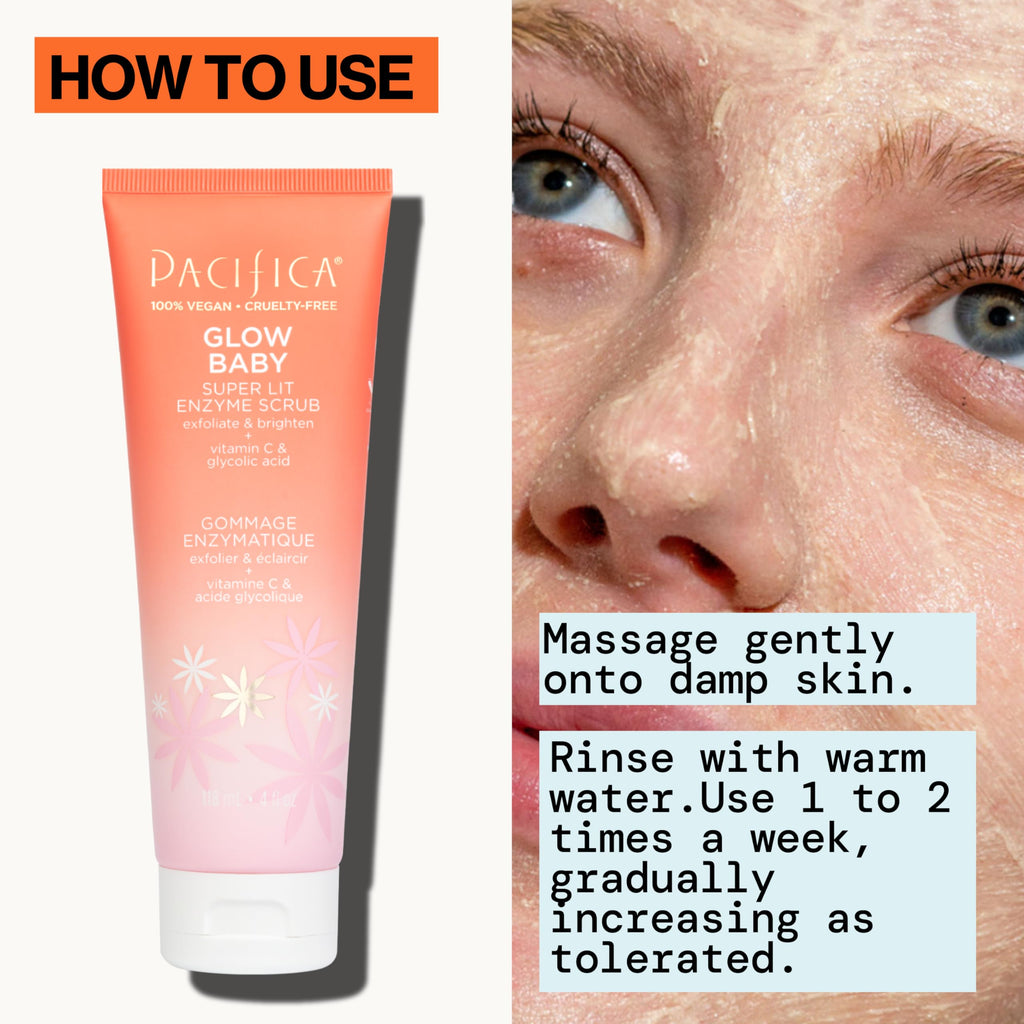 Pacifica Glow Baby Exfoliating Face Scrub, Brightening Enzyme Facial Cleanser w/Vitamin C & Glycolic Acid for Radiant Smooth Skin, Unclogs Pores & Removes Dead Skin, Microbead-Free Vegan (4 fl oz)