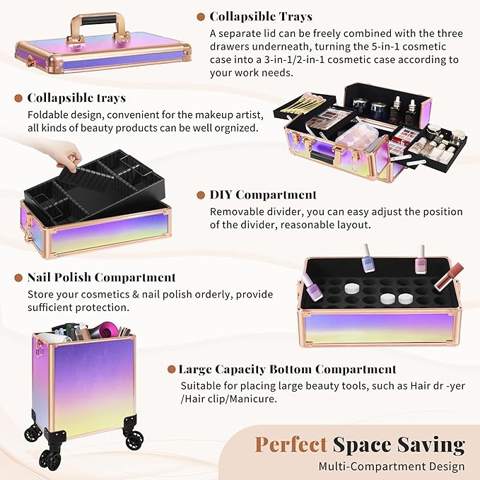 JINGUAN Professional Rolling Makeup Train Case with Lid, 5 in 1 Cosmetology Case on Wheels, Large Cosmetic Trolley Organizer Travel for Hairstylist Artist Nail Beauty Salon Barber, Colorful