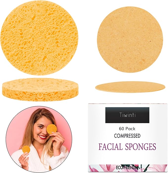 60 Count Compressed Facial Sponges - Natural Wood Pulp Round Esthetician Face Sponges for Cleansing, Daily Face Washing, Exfoliating Makeup, and Mask Removal (Yellow)