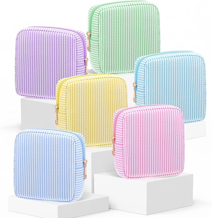 Sanwuta Seersucker Cosmetic Bag Bulk Striped Makeup Bag for Women Aesthetic Cute Travel Toiletry Organizer Preppy Storage Pouch for Wedding Bridesmaid Mother's Day Teacher Gift(Small,Macaron Color,6)