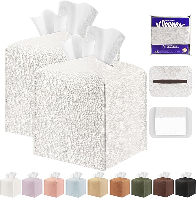 Tissue Box Cover Holder Square Tissue Cube Cover PU Leather Tissue Organizer with Bottom Belt for Bathroom, Tabletop, Car, Night Stands, Office, Home, Kitchen (2, White)
