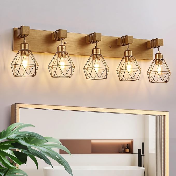 maesta Bathroom Gold Vanity Light Fixtures, 5-Light Gold Bathroom Light Fixtures Over Mirror, Sconces Wall Lighting with Elegant Metal Lampshade for Living Room, Bedroom, Hallway