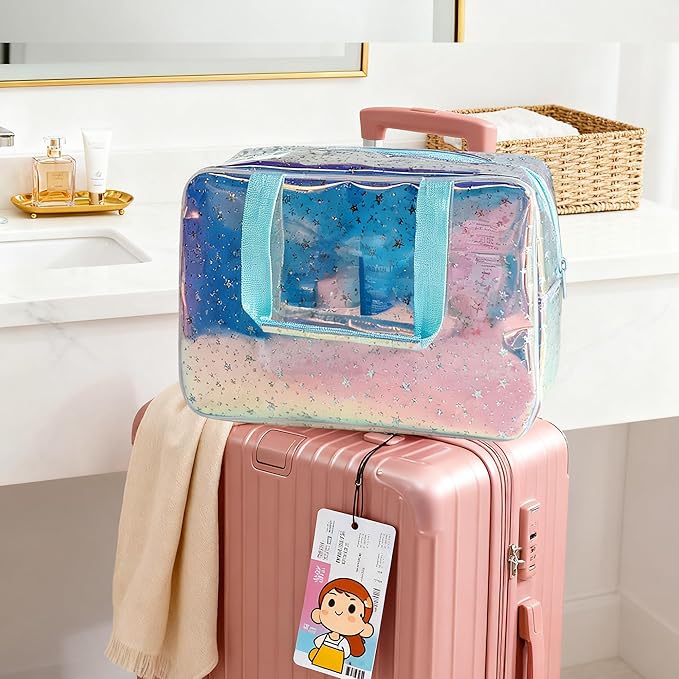 TotePrint Holographic Purple Star Large Cosmetic Bag and Travel Pouch with Handle,Durable Material,Zipper Design-Ideal for Makeup,Travel Essentials (Purple Handle)