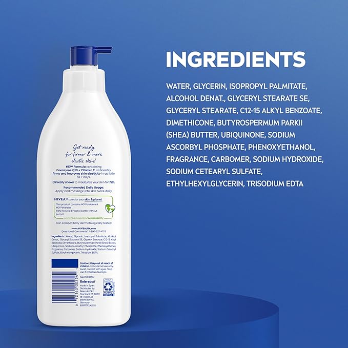 NIVEA Sheer Hydration Skin Firming Body Lotion with Q10 and Vitamin C, 72-Hour Body Moisturizer for Normal to Dry Skin, 16.9 Fl Oz Pump Bottle, Pack of 3