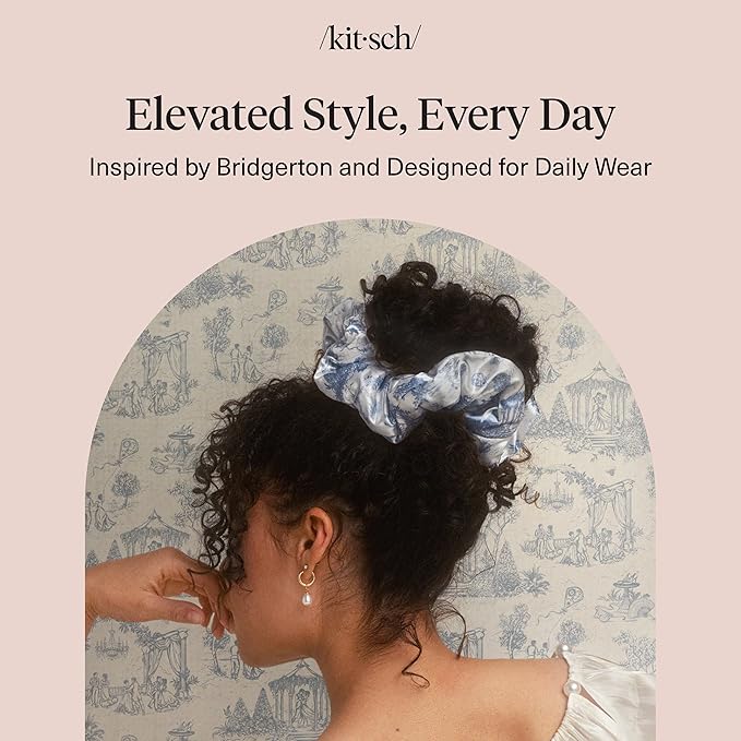 Bridgerton x Kitsch Satin Scrunchies for Women, No Snag, No Tugging, Soft & Comfortable Scrunchies for Girls, Perfect for Day or Night - Toile De Blue, 2pcs