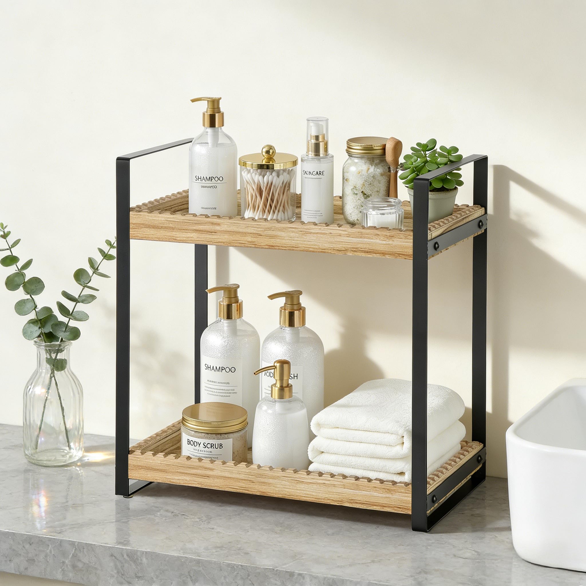 2 Tier Bathroom Organizers and Storage, Farmhouse Countertop Organizer for Bathroom Storage, Makeup Organizer for Decor, Wood Shelf for Perfume Skincare Kitchen Coffee Bar, Vanity Accessories (Brown)