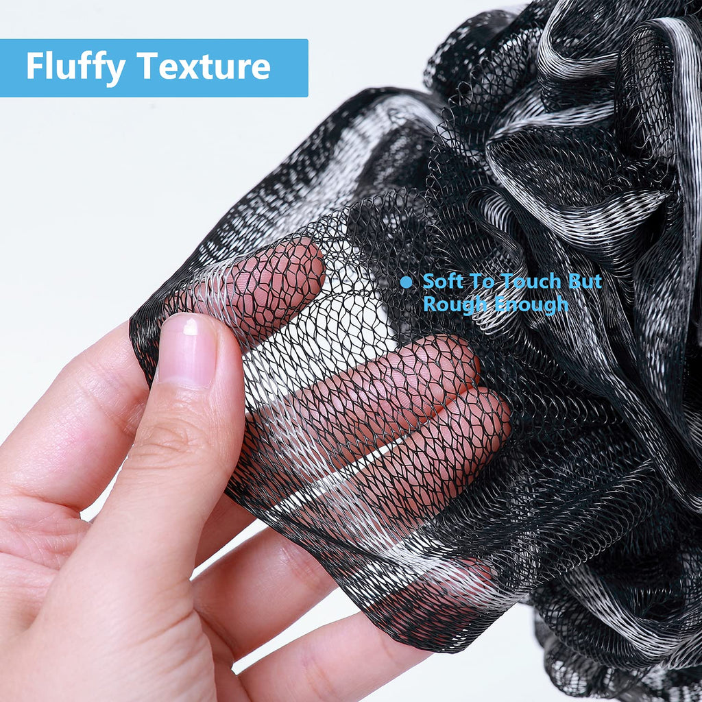 VANZAVANZU Bath Loofah Large 80g Shower Sponge Body Scrubber Mesh Pouf for Men and Women, Set of 4 (Black with White)