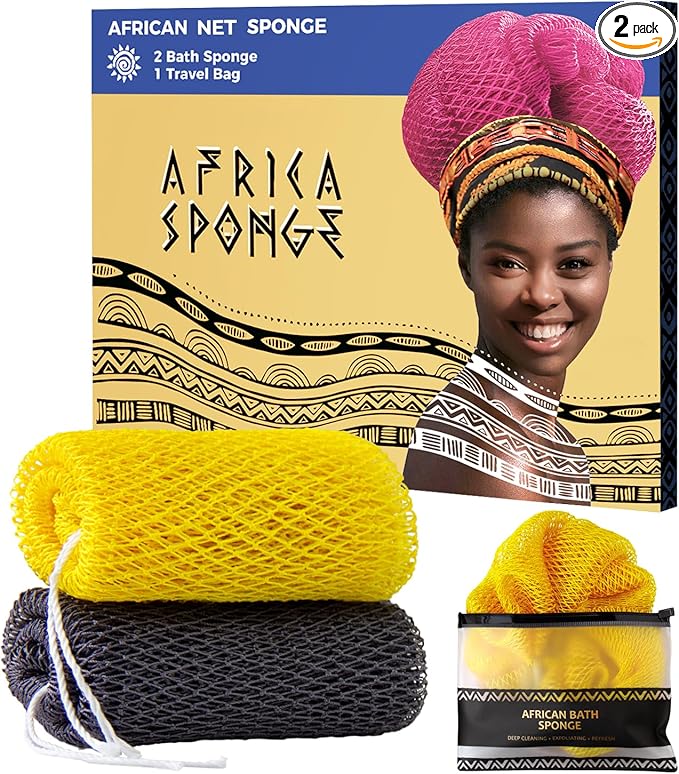African Net Sponge Authentic - 2 Pieces 52IN Stretched Length Exfoliating Body Scrubber Bath Sponge - Loofah Washcloth Back Scrub for Shower Body Exfoliator