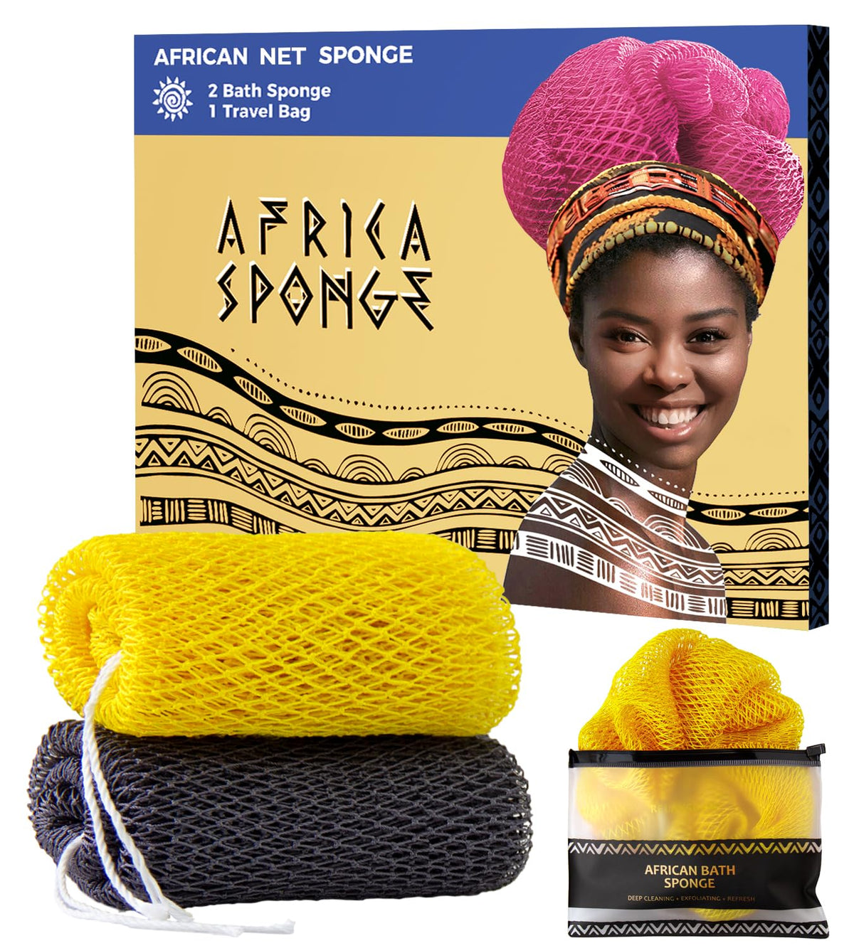 African Net Sponge Authentic - 2 Pieces Exfoliating Body Scrubber Bath Sponge - Back Scrubber Washcloth for Shower - Real African Scrub Exfoliator Body Care Bathing Accessories for Women