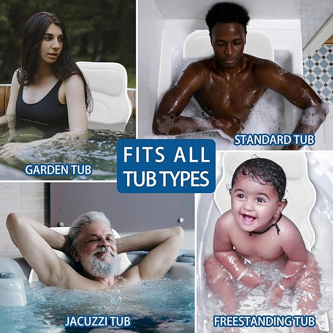Poemland Full Body Bath Pillow for Tub - Extra Long & Thick Tub Pillow with Head, Back & Lumbar Support, 168 Non-Slip Suction Cups, Soft 5D Mesh Spa Cushion, Fits All Tubs-Gift for Soaking(White)