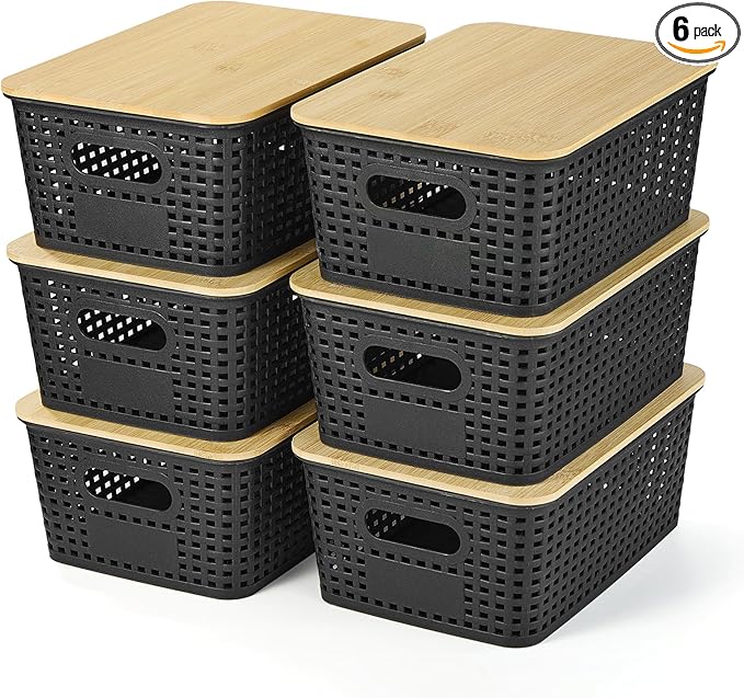 Ohmlove Plastic Storage Baskets With Bamboo Lid - Plastic Storage Containers Stackable Storage bins: Storage Baskets for Organizing Shelves Drawers Desktop Closet Playroom Classroom Office