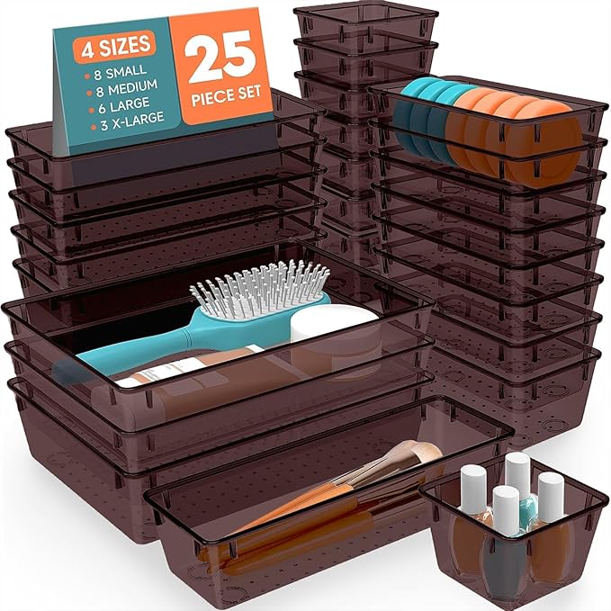 SpaceHacks 25 PCS Plastic Drawer Organizer, 4-Size Versatile Organizer Trays & storage Bins
