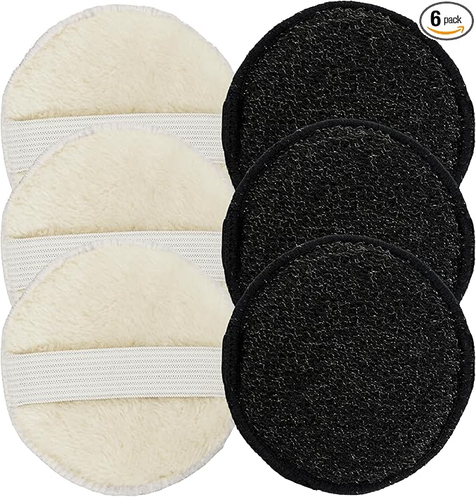 S&T INC. Face Scrubber, Dual-Sided Face Exfoliator with Elastic Strap, Facial Cleansing Pads and Makeup Remover, 3.3 Inch Diameter, 6 Pack, Black and Taupe
