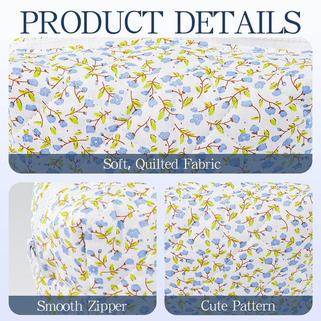 Quilted Makeup Bag Floral Cotton Make up Bag Puffy Coquette Makeup pouch Aesthetic Cute Travel Toiletry Bag for Women Girls