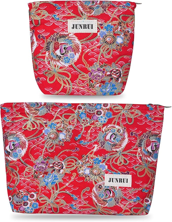 BOCGRPU 2 PCS Makeup Pouch Small Cute Japanese Style Cosmetic Bag for Women，Cotton Toiletry Bag Pouch for Purse，Gilding Craft Makeup Bag with Zipper（Red）