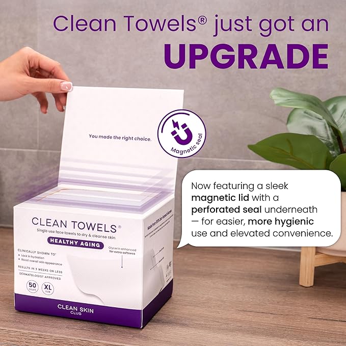 CLEAN SKIN CLUB Healthy Aging Clean Towels® XL, Smooths Fine Lines Wrinkles & Texture, Disposable Face Dry Wipes, XL - 2 Pack (50 count)