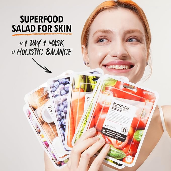 FARMSKIN Superfood Salad Sheet Mask Set of 6 | Korean Face Mask Sheets w/Mangosteen, Broccoli, Carrot, Coconut, Blueberry & Tomato | Refreshing, Nourishing & Cruelty-Free Face Mask Skincare Set