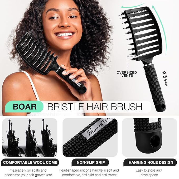 Hommtina 4Pcs Vented Brush Set for Thick/Wet/Dry/Wavy/Curly/Oil/Long Hair - Afro America/African Hair (4 PCS, Black)