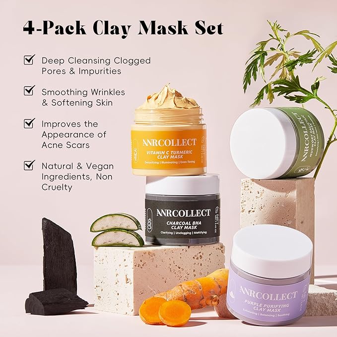ANRCOLLECT 4-Pack Clay Face Mask Set (280g Total) - Vitamin C Turmeric, Charcoal BHA, Mugwort Salicylic & Purple Clay Masks for Deep Pore Cleansing, Oil Control & Blackhead Removal - Skincare Gift Set