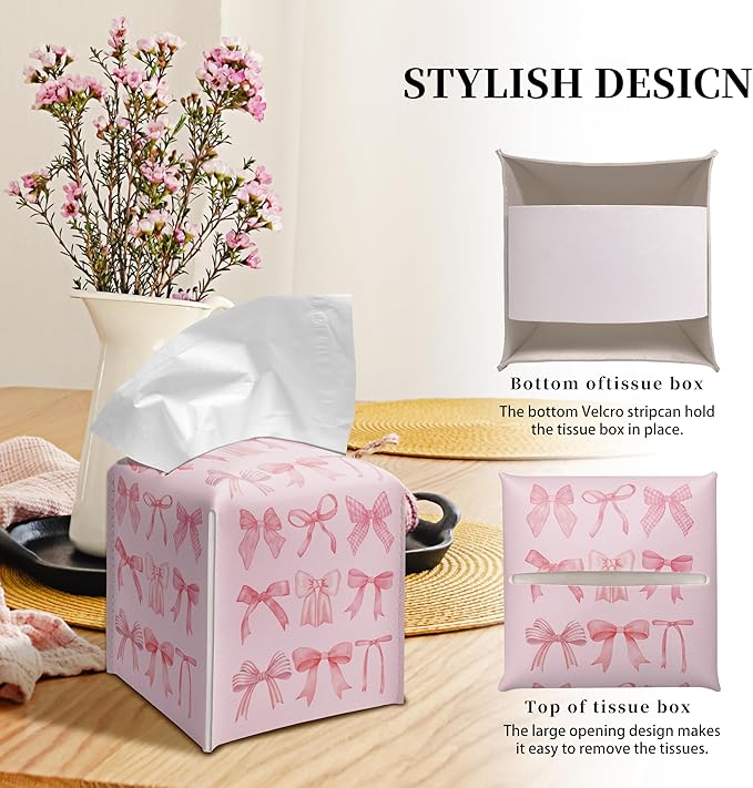 Grace Yonks Cute Tissue Box Cover Square - Allover Pink Bow Design 5.2" PU Leather Holder for Vanity, Desk, or Bathroom Counter - Cube Case for Facial Tissues(009)