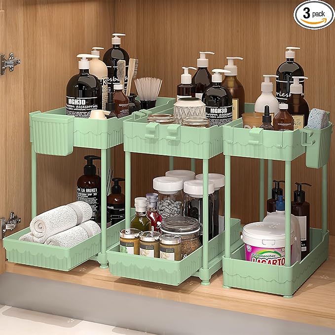 Sevenblue 3 Pack Under Sink Organizers,2-Tier Multi-Use Kitchen and Bathroom Organizers and Storage with Sliding Drawers,Bathroom Cabinet Organizer (Green, 12.8 Inch)
