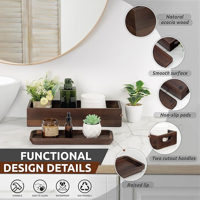 DEMIGO Toilet Tank Topper & Vanity Tray, Acacia Wood Decor Set, Dark Brown